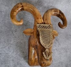 Handcrafted Mango Wood Ram Head Wall Decor with Brass